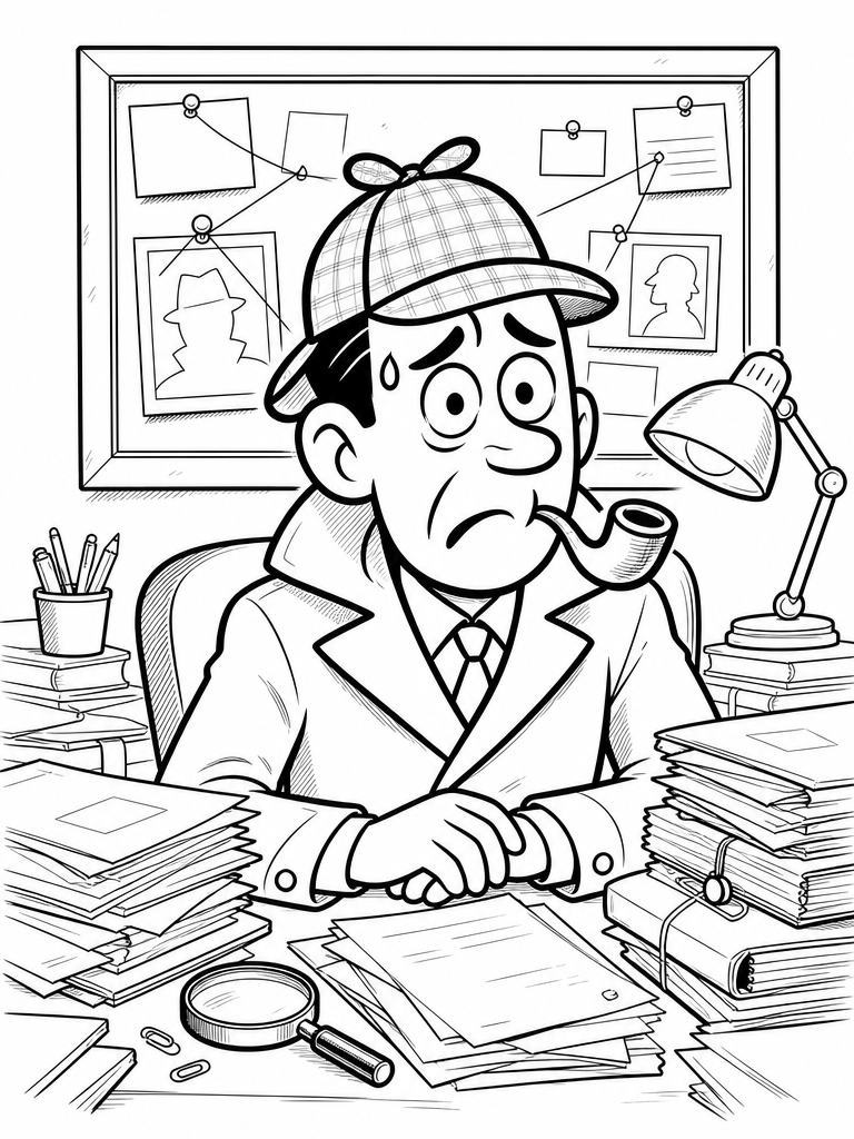 Inspector Puzzled at his cluttered detective desk